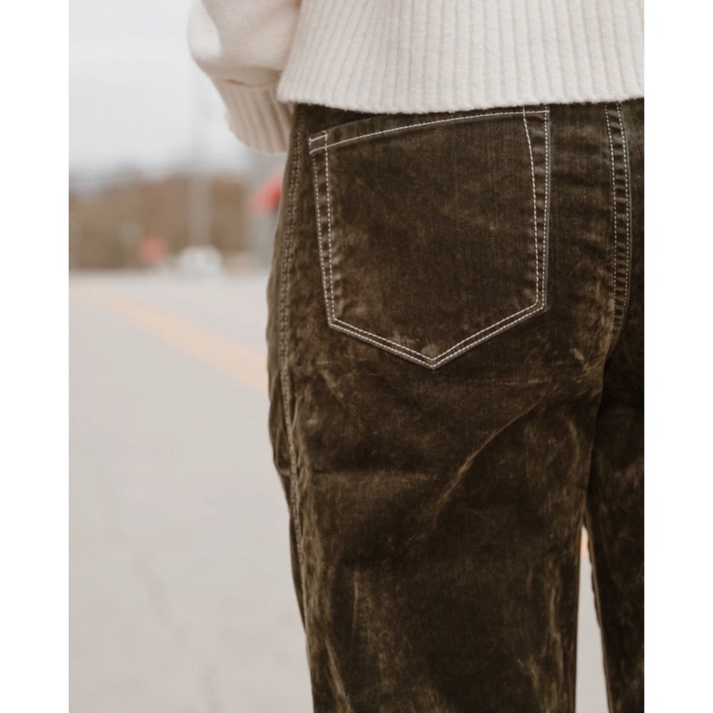 NWT Vervet Kate High Rise Flocked Barrel Leg Jeans Velvet Olive Brown Size 30 - Picture 5 of 16